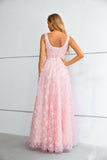 Chic Square Neckline Pink Lace Long Floor Length Prom Dress