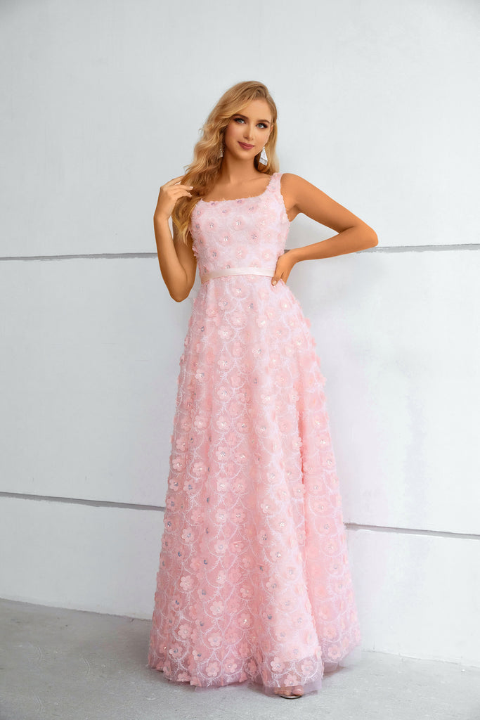 Chic Square Neckline Pink Lace Long Floor Length Prom Dress
