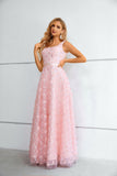 Chic Square Neckline Pink Lace Long Floor Length Prom Dress