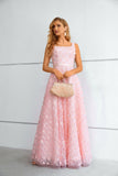 Chic Square Neckline Pink Lace Long Floor Length Prom Dress