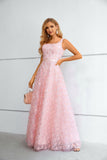Chic Square Neckline Pink Lace Long Floor Length Prom Dress