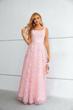 Chic Square Neckline Pink Lace Long Floor Length Prom Dress