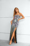 Sparkly Spaghetti Straps Long Prom Dresses With Slit