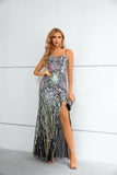 Sparkly Spaghetti Straps Long Prom Dresses With Slit