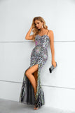 Sparkly Spaghetti Straps Long Prom Dresses With Slit