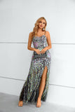 Sparkly Spaghetti Straps Long Prom Dresses With Slit