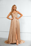 Simple Spaghetti Straps A-line Long Khaki Prom Dresses