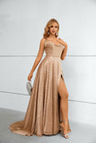 Simple Spaghetti Straps A-line Long Khaki Prom Dresses