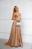 Simple Spaghetti Straps A-line Long Khaki Prom Dresses