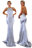 Open Back Silver Grey Spaghetti Straps Cheap Mermaid Prom Dresses Formal Dress