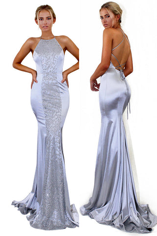 Open Back Silver Grey Spaghetti Straps Cheap Mermaid Prom Dresses Formal Dress