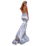 Open Back Silver Grey Spaghetti Straps Cheap Mermaid Prom Dresses Formal Dress