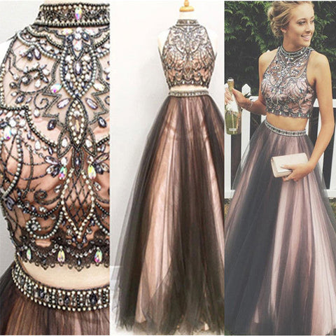 2 Pieces High Neck Black Pink Evening Gowns Long Prom Dress