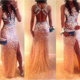 Front Slit Sexy Backless Crystal Long  Evening Dresses Prom Dress