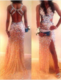 Front Slit Sexy Backless Crystal Long  Evening Dresses Prom Dress