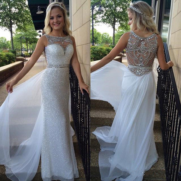 White Sequin See Through Back Long Evening Dress Prom Dresses