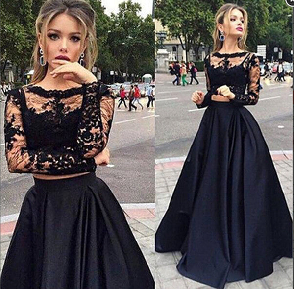 Black Lace Two Piece Long Sleeves Formal Grad Evening Gowns Prom Dresses