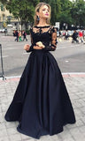 Black Lace Two Piece Long Sleeves Formal Grad Evening Gowns Prom Dresses