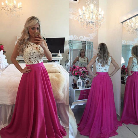 White Lace A Line High Neck Evening Gown Prom Dresses