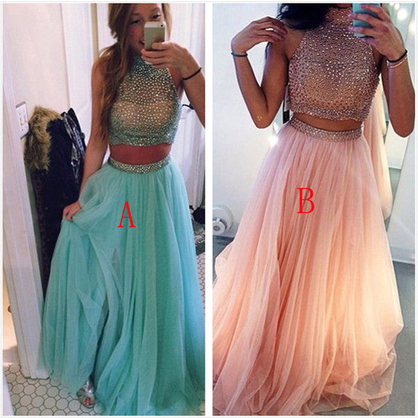 2 Pieces Beaded High Neck Pink Long Evening Prom Dresses