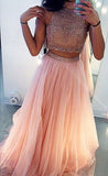 2 Pieces Beaded High Neck Pink Long Evening Prom Dresses