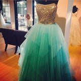 High Low Gold Beads Turquoise Ball Gown Evening Prom Dress