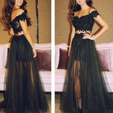 2 Pieces Short Sleeves Sexy Black Lace Evening Gowns Prom Dress