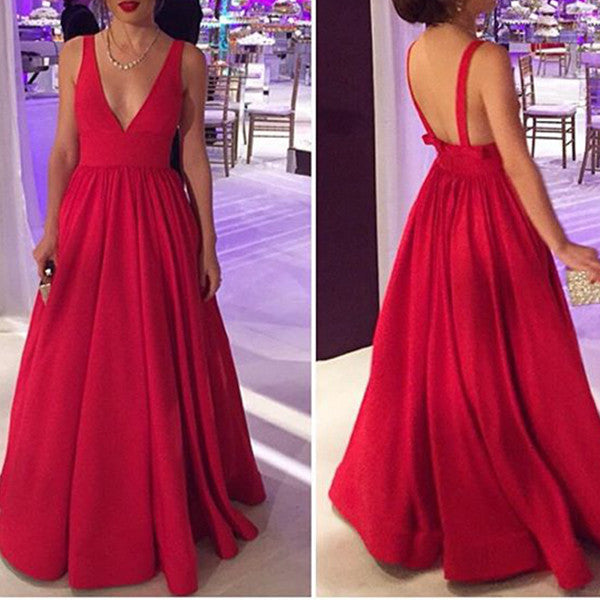 Deep V Neck Off the Shoulder Open Back Red Evening Prom Dress