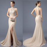 Mermaid Backless High Neck Front Slit Lace Evening Prom Dresses