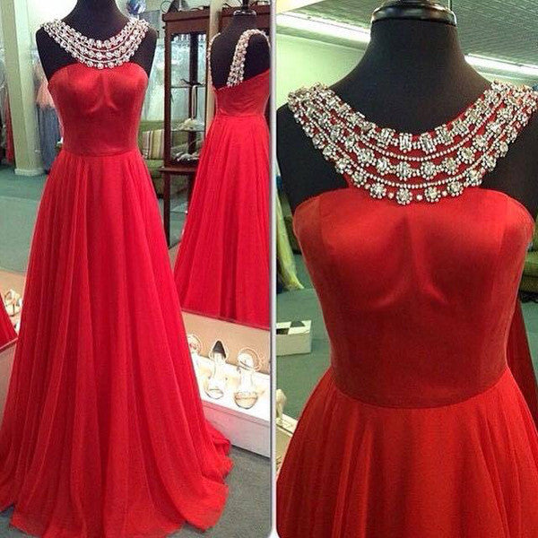 Halter Simple Crystal Red Long Evening Gowns Prom Dresses