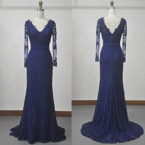 Navy Blue Lace Long Sleeves Mermaid Evening Dresses Prom Dresses