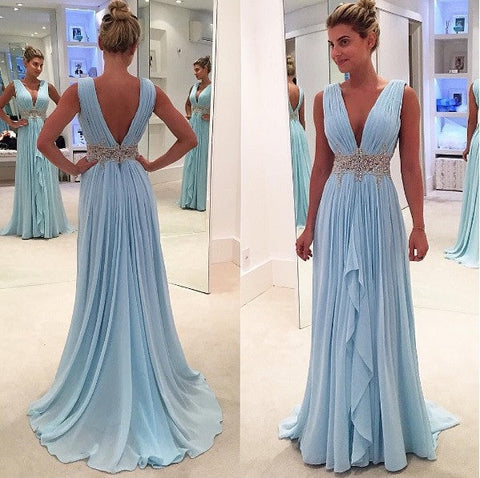 High Low Light Blue Chiffon V Neck Evening Dress Prom Gowns