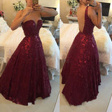 Beaded Backless Burgundy Lace Ball Gown Evening Prom Dresses