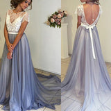 Backless White Lace Cap Sleeves Long Evening Gowns Prom Dress