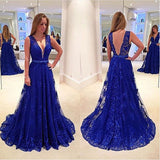 Deep V Neck Sexy Royal Blue LaceEvening Gowns Prom Dresses
