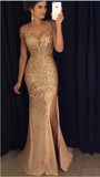 V Neck Mermaid Off the Shoulder Gold Slit Evening Prom Dresses