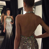 Open Back Black Shiny Sequim High Neck Mermaid Prom Dresses