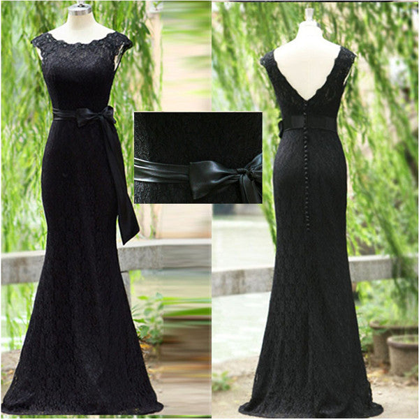 V Back Black Lace Mermaid Elegant Long Evening Prom Dresses
