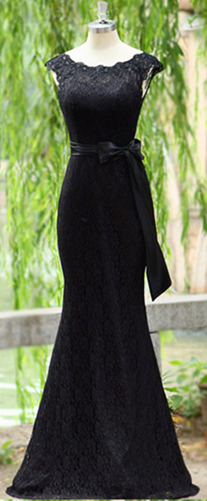 V Back Black Lace Mermaid Elegant Long Evening Prom Dresses