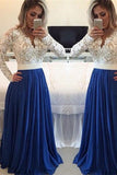 Long Sleeves White Lace Royal Blue Evening Gowns Prom Dresses