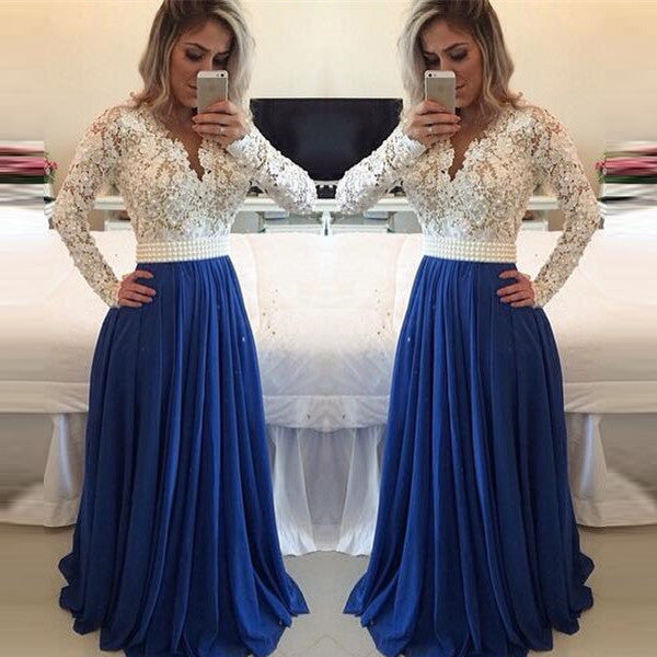 Long Sleeves White Lace Royal Blue Evening Gowns Prom Dresses