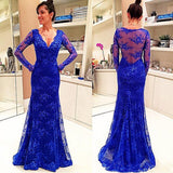 V Neck Royal Blue Lace Long Sleeves Mermaid Long Prom Dresses