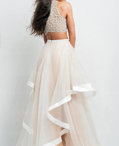 2 Pieces Beaded High Low Tiered Skirt Prom Dresses Evening Gowns