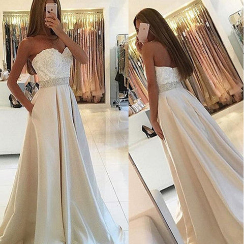 A Line Lace Empire Waist Long Evening Prom Dresses With Pocket