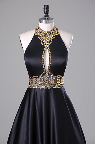 Empire Waist Backless Halter Black Ball Gown Sexy Evening Dress Graduation Dress Prom Dresses