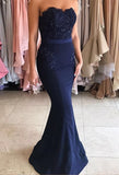 Mermaid Dark Blue Lace Wedding Bridesmaid Dress Long Prom Dresses