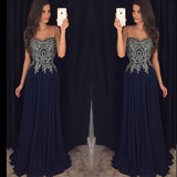 Chiffon Ivory Lace Navy Blue Sweetheart Evening Gowns Prom Dress