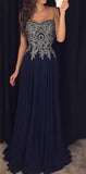 Chiffon Ivory Lace Navy Blue Sweetheart Evening Gowns Prom Dress