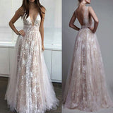 Deep V Neck Ivory Lace Backless Evening Gowns Party Dress Long Prom Dresses