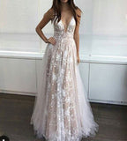 Deep V Neck Ivory Lace Backless Evening Gowns Party Dress Long Prom Dresses